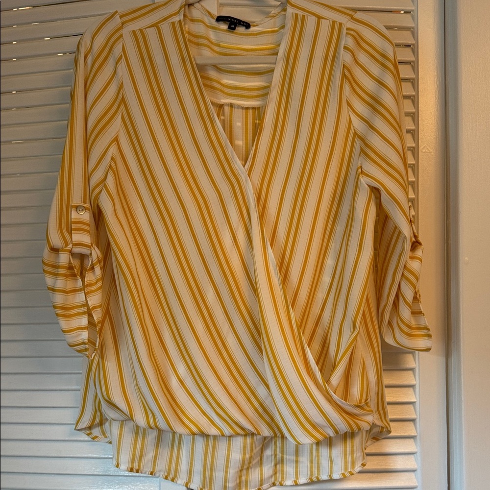 Yellow and White Striped Wrap Blouse with Mandarin Collar